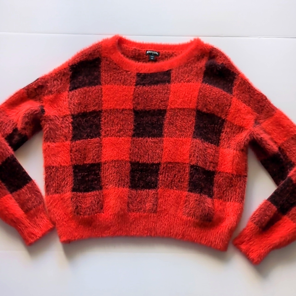 Express Buffalo Plaid Fuzzy Sweater, Size Women's Large